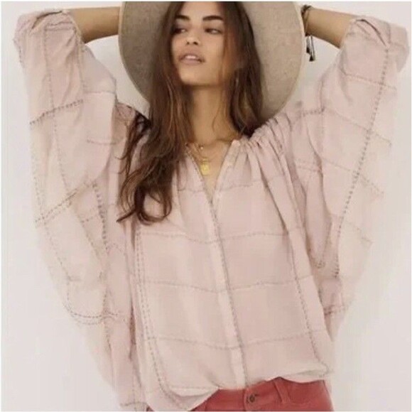 Anthropologie Sarabeth Embroidered Peasant Button Blouse XL Pink Oversized Boho - Picture 3 of 15